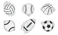 Sports balls isolated on white background. Doodle, sketch style. Vector illustration.