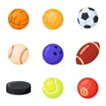 Sports balls. Kit of equipment for games, cartoon hockey, soccer, baseball, basketball, rugby and billiard, tennis and Royalty Free Stock Photo