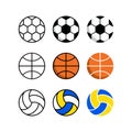 Sports Balls Minimalist Flat Line color Vector Icon Set. Soccer Football Basketball Volleyball