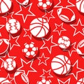 Sports balls in red and white seamless pattern