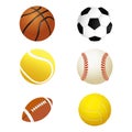 Sports balls. Set for soccer and tennis, rugby. Basketball and football balls Royalty Free Stock Photo