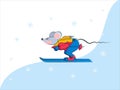 Sports banner. Mouse skier. Funny cartoon character