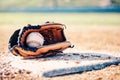 Sports, baseball and ball in glove on field ready for game, practice and competition outdoors. Fitness mockup, sport Royalty Free Stock Photo