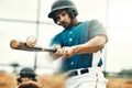 Sports, baseball and bat with a man athlete hit a fast ball and score during a game outdoor on a pitch. Sport, fitness