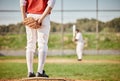 Sports, baseball and male athlete on the pitch playing a game, exercise or training on the field. Fitness, catcher and Royalty Free Stock Photo