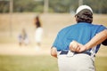 Sports, baseball pitch and pitcher with ball, ready to throw to player with bat. Fitness, exercise and athlete focus on