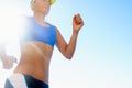 Sports, beach and young woman running for race, competition or marathon training exercise. Fitness, mockup space and Royalty Free Stock Photo