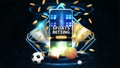 Sports betting, blue banner with smartphone, champion cups, falling gold coins and sport balls in dark scene with neon rhombus Royalty Free Stock Photo
