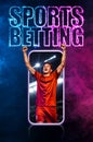 Sports betting on football. Design for a bookmaker. Download banner for sports website. Soccer player winner on a fiery Royalty Free Stock Photo