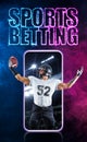 Sports betting on american football. Sportsman with ball in helmet on stadium in action. Bets in the mobile application. Royalty Free Stock Photo