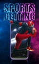 Sports betting on american football. Sportsman with ball in helmet on stadium in action. Bets in the mobile application. Royalty Free Stock Photo