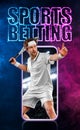 Sports betting on tennis. Tennis player with racket. Man athlete playing on grand arena with tennis courts. Mobile app Royalty Free Stock Photo