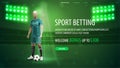 Sports betting, green banner for website with soccer player, offer and stadium on background Royalty Free Stock Photo