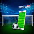 Sports betting online. Bets web banner concept. Soccer stadium background and smartphone with football field on screen and ball Royalty Free Stock Photo