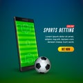 Sports betting online web banner template. smartphone with football field on screen and soccer ball. Vector Royalty Free Stock Photo