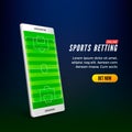 Sports betting online web banner template. smartphone with football field on screen. Vector Royalty Free Stock Photo