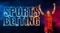 Sports betting on soccer. Design for a bookmaker. Download banner for sports website. Football player winner on a fiery Royalty Free Stock Photo
