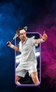 Sports betting on tennis. Tennis player with racket. Man athlete playing on grand arena with tennis courts. Mobile app Royalty Free Stock Photo