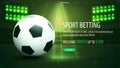 Sports betting, welcome bonus, green banner with sport football ball on stadium with spotlight Royalty Free Stock Photo