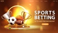 Sports betting, yellow banner for website with button, podium with yellow neon ring on background, champion cups and sport balls Royalty Free Stock Photo