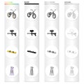 Sports bike, paintball machine, extreme snowboarding, downhill skiing. Extreme sport set collection icons in cartoon
