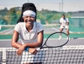 Sports, black woman and relax on tennis court outdoor for fitness, wellness exercise or workout portrait. Athlete person