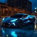 sports blue car on the night streets