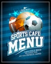 Sports cafe menu card cover design with football, basketball and rugby balls Royalty Free Stock Photo