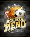 Sports cafe menu card design template with football, basketball and rugby balls Royalty Free Stock Photo