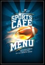 Sports cafe menu card with rugby ball in a fiery flame