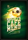 Sports cafe menu card with soccer ball in a flame