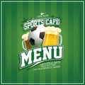 Sports cafe menu cover design with football ball and beer mugs