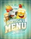 Sports cafe menu cover design with football ball and food personages Royalty Free Stock Photo