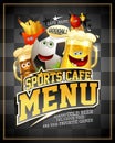 Sports cafe menu cover design with football ball and funny food personages Royalty Free Stock Photo