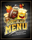 Sports cafe menu cover design template with rugby ball and funny beer mug Royalty Free Stock Photo