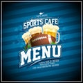 Sports cafe menu design, rugby ball and glasses of beer