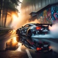 Sports car on the background of the sunset, graffiti, reflection of a car with smoke from under the wheels on a wet road