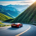 A sports car drives down a long winding