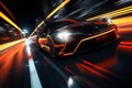 A sports car driving down a city street at night. Generative AI image. Royalty Free Stock Photo