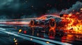 Sports car driving fast with fire on dark background, burning vehicle runs on race track. Flame, smoke, wreckage and sparks on Royalty Free Stock Photo