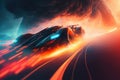 Sports car on fire on the road, speed concept, illustration generated by AI