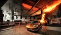 Sports car with flames parked in futuristic underground carpark