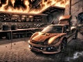 Sports car with flames parked in futuristic underground carpark