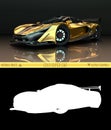 Sports car front view. The image of a sports gold car on a black background. Combined illustration of a normal picture Royalty Free Stock Photo