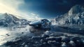 Sports Car on Half Frozen Lake. Winter