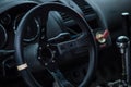 Car inside gray seats red dashboard night photography in the dark