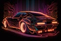 Sports car with neon glowing, shiny luxury cyberpunk auto, generative AI