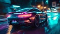 Sports Car On Neon Highway. Powerful acceleration of a supercar on a night track with colorful lights and trails, Royalty Free Stock Photo