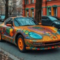 a sports car painted in the style of Ukrainian Vyshyvanka, Generative AI
