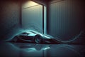 A sports car is parked in a garage and a wave of light passes over it. Generative ai illustration Royalty Free Stock Photo